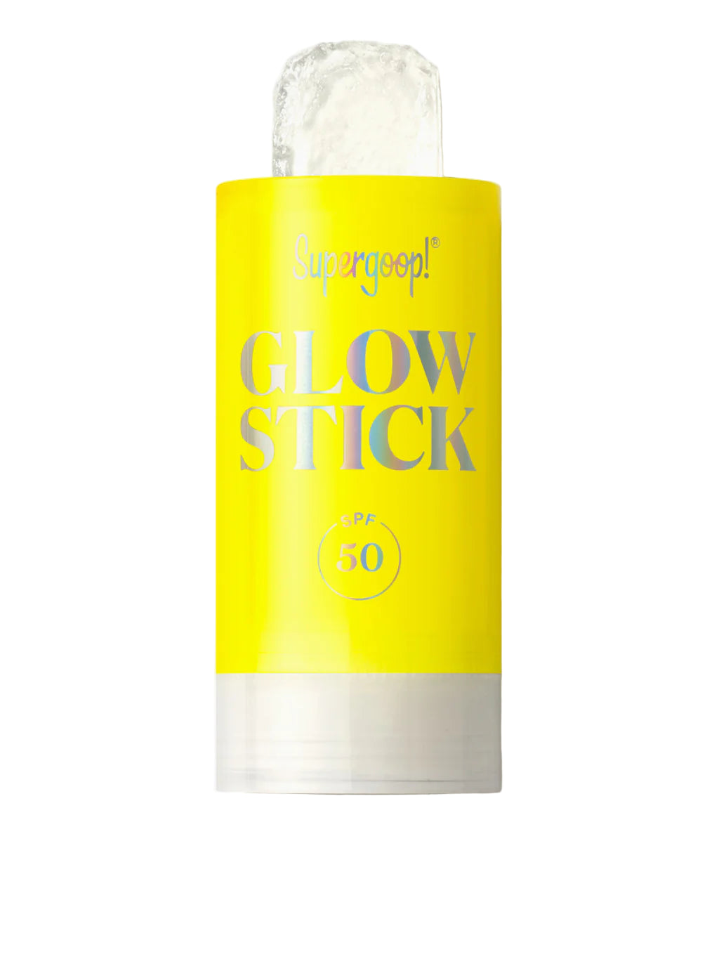 A yellow Supergoop Glow Stick SPF 50 tube with its clear, portable sunscreen stick partially raised provides a glowy finish and can double as a face highlighter.