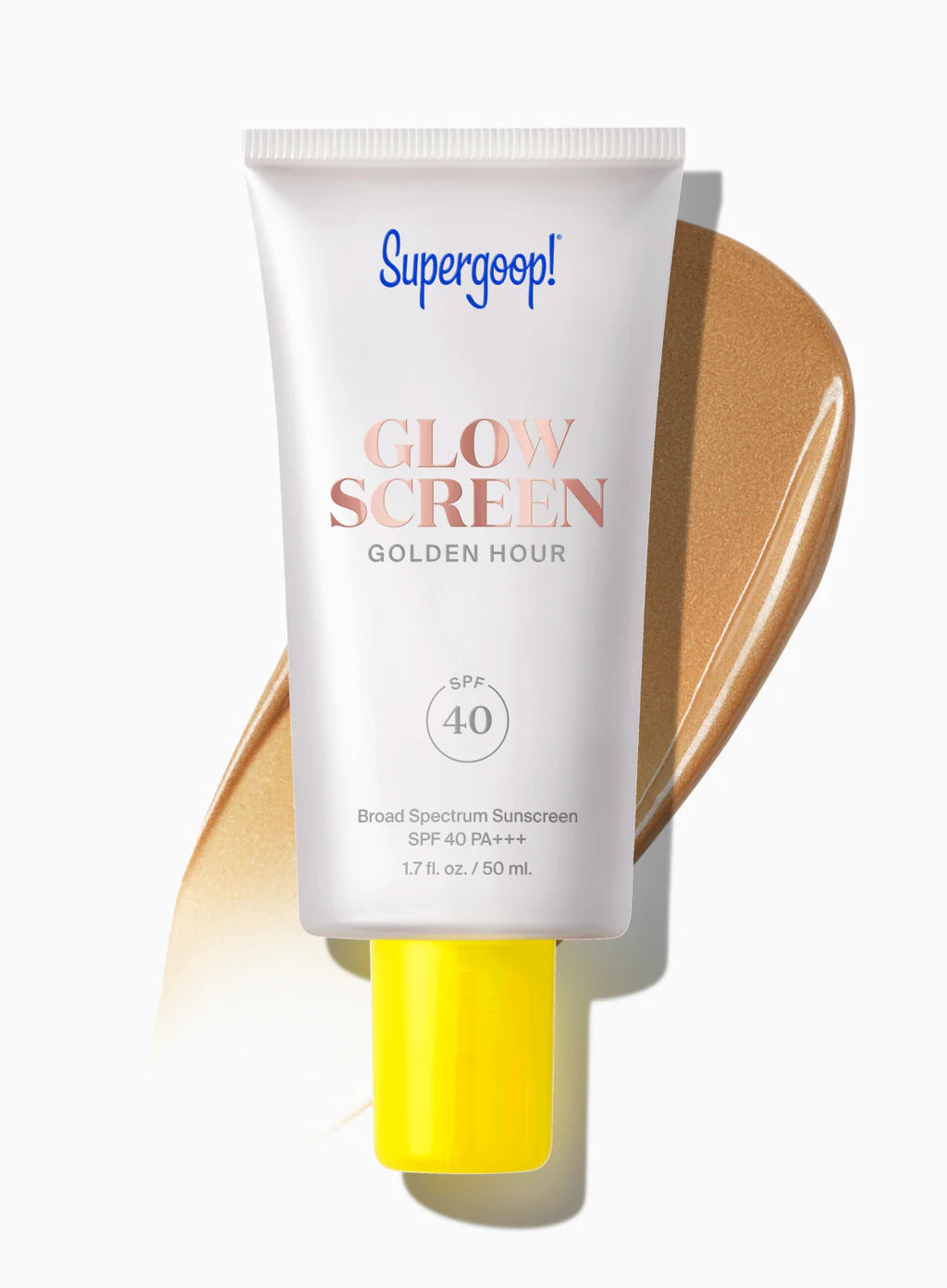 Supergoop Glowscreen SPF 40 in Golden Hour, shown with a yellow cap next to a product smear, provides all-day hydration and a luminous finish.
