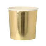 The Gold Tumbler Cups by Meri Meri are high-quality, shiny gold paper cups with a white rim and a superb gloss finish, shown against a white background.