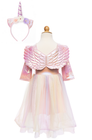 The Great Pretenders Alicorn Dress with Wings and Headband features magical wings, an iridescent top, a pastel tulle skirt, and a unicorn headband with ears and flowers, all beautifully displayed on a mannequin.