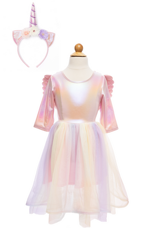 The Great Pretenders Alicorn Dress with Wings and Headband features pastel colors, a rainbow tulle skirt, iridescent bodice, magical wings, and a unicorn horn headband decorated with flowers and ears.