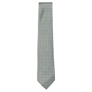 The Robert Jensen Checkerboard Tie showcases a solid green with a blue and white geometric design—ideal for formal occasions. Displayed on a white background.