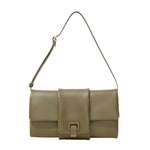 The Proenza Schouler Flip Shoulder Bag features tan nappa leather, a rectangular design, and PS1 closure. It offers functional compartments, an adjustable strap, and a square buckle detail.