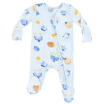 The Angel Dear Hanukkah 2-Zip Footie is a light blue onesie made from cozy bamboo fiber, showcasing menorahs, dreidels, lions, and stars. It features a front zipper footie design for warmth and comfort.