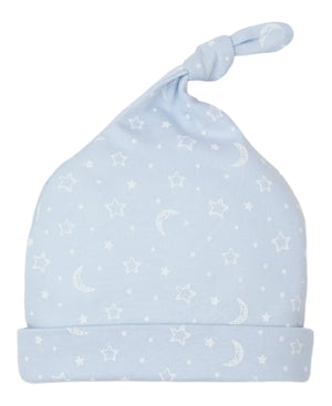 Explore the Kissy Kissy Baby Crescent Moonlight Knotted Hat, made from ultra-soft Pima cotton. It is decorated with a delightful pattern of white stars and moons and finished with a playful knot on top for extra adorableness.