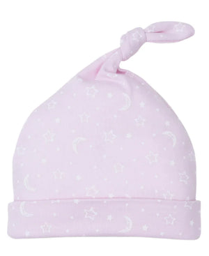 The Kissy Kissy Baby Crescent Moonlight Knotted Hat is an adorable pink hat featuring white stars and moons, made from soft Pima cotton.