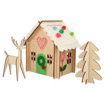 The Meri Meri Wooden Embroidery Gingerbread House Kit, featuring felt decorations and accompanied by a wooden reindeer and tree, makes the perfect Christmas gift and creative project for children.
