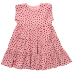 The Girls' Peachy Dress by Pink Chicken is a pink, short-sleeved, tiered dress adorned with a charming pattern of small red flowers.
