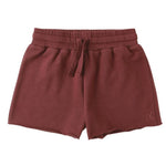 The Rylee & Cru Girls' Sweat Short is an ultra-soft burgundy French terry short with a drawstring waist and a small stitched logo on the lower left leg.