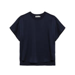 The Simkhai Addy Satin T-Shirt features a relaxed fit, short sleeves, and a classic crew neckline in navy blue, shown against a white background.