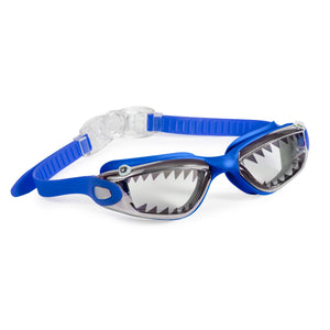 The Bling2O Jawsome Swim Goggles feature blue and clear lenses with razor-sharp, shark teeth designs, shown against a white background.