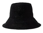 The Felix Hat by Janessa Leone is a black woven crochet bucket hat with a wide, downward-sloping brim, perfect for adding a stylish touch to your summer ensemble.