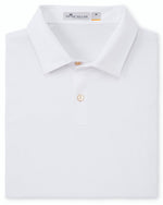 The Featherweight Melange Polo by Peter Millar is a folded white polo featuring a collar, three buttons, and brand/size label. It offers lightweight comfort and UPF 50+ sun protection.