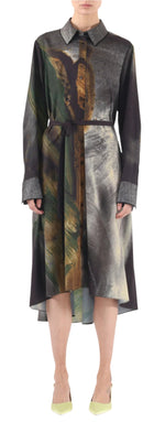 A person wearing the Jason Wu Collection's Brushstroke Printed Oversized Shirtdress, complete with a black belt and styled with light green shoes.