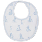 The Kissy Kissy Giraffe Grace Bib is made from soft Pima cotton with light blue trim and a cute giraffe and grass print—ideal for baby mealtime.