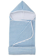 The Kissy Kissy Baby Cabana Terry Stripes Beach Towel is a plush, super-soft blue and white striped hooded baby towel with an open front flap, shown laid flat on a white background.