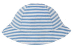 The Kissy Kissy Baby Cabana Terry Stripes Sun Hat features a blue and white striped design and wide brim, shown from above on a plain background—an ideal, stylish sunhat for your baby.