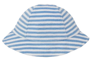 The Kissy Kissy Baby Cabana Terry Stripes Sun Hat features a blue and white striped design and wide brim, shown from above on a plain background—an ideal, stylish sunhat for your baby.