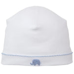 The Kissy Kissy Safari Wild Hand Emb. Hat is a white Peruvian cotton baby hat with a blue hand-embroidered elephant and blue stitched trim.