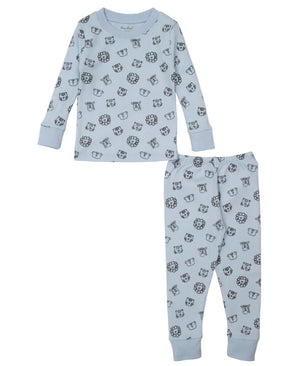 The Kissy Kissy Baby Boys' and Boys' Jungle Jumble Pajama Set is crafted from soft Pima cotton in light blue, with long sleeves and pants, and features a playful dark blue jungle animal face print.