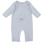 The Kissy Kissy Baby Boys' Safari Wild Striped Playsuit features light blue and white stripes, soft Pima cotton, long sleeves, a front pocket, and embroidered elephant and giraffe details for baby comfort.