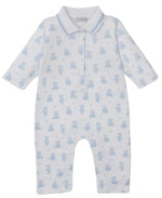 The Kissy Kissy Baby Teddy Bear Time Printed Playsuit features soft white Pima cotton, long sleeves, a polo collar, front button placket, and a light blue teddy bear print.