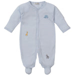 Kissy Kissy Baby Boys' Safari Wild Striped Footie in light blue and white features long sleeves, footed legs, front snaps, and small embroidered safari animals—elephant, giraffe, and zebra—in soft Pima cotton.