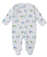 The Kissy Kissy Baby Boys' Dinosaur Era Zip Footie is a soft Pima cotton onesie with a playful blue, green, and gray dinosaur print with trees, long sleeves, and a diagonal zipper closure.