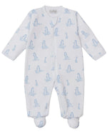 The Kissy Kissy Baby' Giraffe Grace Zip Footie is a soft Pima cotton sleeper with a white giraffe print, long sleeves, and a front zipper—perfect for keeping your little one cozy.
