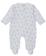 The Kissy Kissy Baby Teddy Bear Time Printed Zip Footie is a white, long-sleeve onesie made from soft Pima cotton, featuring a blue teddy bear print and a convenient zippered footie design for easy changes.