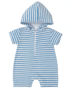 The Kissy Kissy Baby Cabana Terry Stripes Romper is a soft Pima cotton hooded romper with blue and white stripes and a front zipper—ideal for keeping your baby comfy during summer.