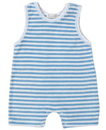 The Kissy Kissy Baby Boys' Cabana Terry Stripes Sleeveless Playsuit features blue and white stripes, soft white trim, and snap closures at the shoulder and crotch—ideal as a comfy summer one-piece for little ones.