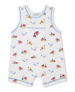 The Kissy Kissy Baby Boys' Lobsters Sandy Smiles Sleeveless Playsuit features blue trim, colorful beach-themed prints, a crab front pocket, and is crafted from soft Pima cotton.