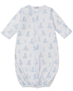 The Kissy Kissy Baby' Giraffe Grace Convertible Gown is crafted from soft Pima cotton, featuring an adorable giraffe print, long sleeves, and an elastic bottom hem for comfort.