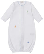 The Kissy Kissy Baby Safari Wild Hand Emb. Convertible Gown is crafted from soft Peruvian cotton with long sleeves, blue trim, and safari animal embroidery of a giraffe, lion, and elephant on the front.