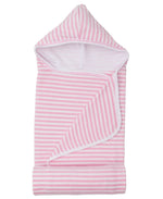 The Kissy Kissy Baby Cabana Terry Stripes Beach Towel is a super-soft pink and white striped hooded towel with an open flap, shown on a white background.