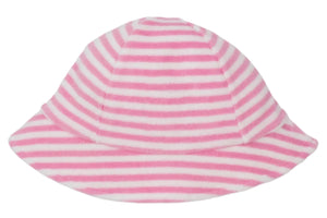The Kissy Kissy Baby Cabana Terry Stripes Sun Hat features soft pink and white terry cloth stripes and is displayed against a plain white background.