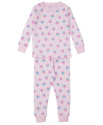 The Kissy Kissy Baby Girls' and Girls' Cupcake Party Pajama Set is a soft pink long-sleeve Pima cotton set, featuring playful cupcake and sprinkle patterns, displayed flat on a white background.