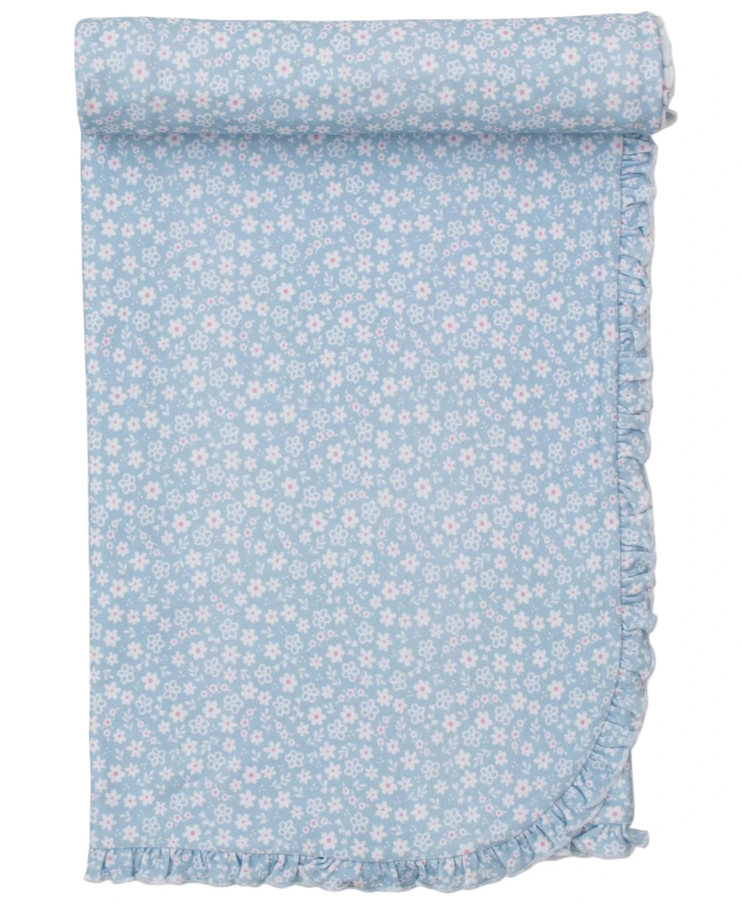 The Fall in Bloom Blanket by Kissy Kissy is a blue Pima cotton blanket roll featuring a small white and pink floral pattern and a ruffled edge, shown partially unrolled on a flat surface.