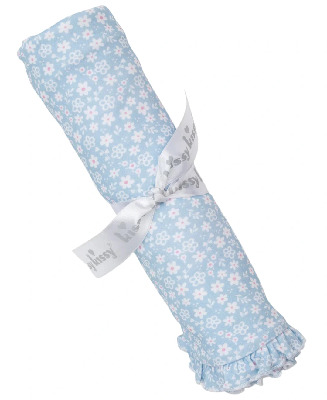 The Kissy Kissy Fall in Bloom Blanket features a white and pink floral pattern, frilled edge, and is tied with a white ribbon printed with gray text. Made from soft Pima cotton, it adds stylish comfort to any nursery.