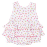 The Kissy Kissy Baby Girls' Sea Shell Magic Bubble is a sleeveless Pima cotton romper with three ruffled tiers, pastel seashell and starfish print on white, and pink trim—perfect for comfort and seaside dreams.