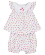 The Kissy Kissy Baby Girls' Sea Shell Magic Sunsuit Set features a white Pima cotton outfit with ruffled sleeves, decorated in colorful seashell and starfish prints; includes a matching top and bloomers.