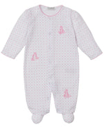 The Kissy Kissy Baby' Giraffe Grace Dotted Footie features long sleeves, cute pink polka dots, and adorable giraffe designs on the chest and leg—a cozy, stylish sleepsuit for your baby.