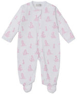 The Kissy Kissy Baby' Giraffe Grace Zip Footie features a front zipper, long sleeves, and footed legs with a playful pink giraffe print on soft Pima cotton—perfect for your little one.