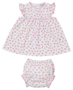 The Kissy Kissy Baby Girls' Sea Shell Magic Dress Set features a white Pima cotton dress and bloomers with a colorful sea shell print, flutter sleeves, and pink trim.