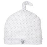 The Kissy Kissy Baby Jungle Playdate Dot Hat is a white Pima cotton baby hat with gray polka dots, a top knot, and an embroidered jungle mouse on the front cuff.