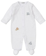The Kissy Kissy Baby Jungle Playdate Dot Footie features grey polka dots, long sleeves, footed legs, front snaps, and adorable jungle animals like a lion, elephant, and zebra.