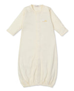 The Kissy Kissy Baby Premier Baby Duckling Striped Convertible Gown with Hand Embroidery, crafted from soft Pima cotton with long sleeves and an elasticated bottom, is shown laid flat on a white background.