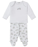 The Kissy Kissy Baby Elephant Esprit Footie Pant Set includes a white long-sleeve outfit with an elephant graphic and matching footed pants with an all-over elephant print.