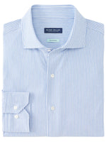 The Excursionist Flex Thin Stripe Sport Shirt by Peter Millar is light blue and white, neatly folded, with a classic cutaway collar, front buttons, and buttoned cuffs. It's crafted from cotton-stretch fabric for ultimate comfort and wrinkle resistance.